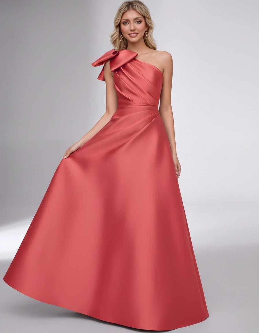 Celestia Maxi Dress by Lauven — satin one shoulder A-line maxi dress with bow