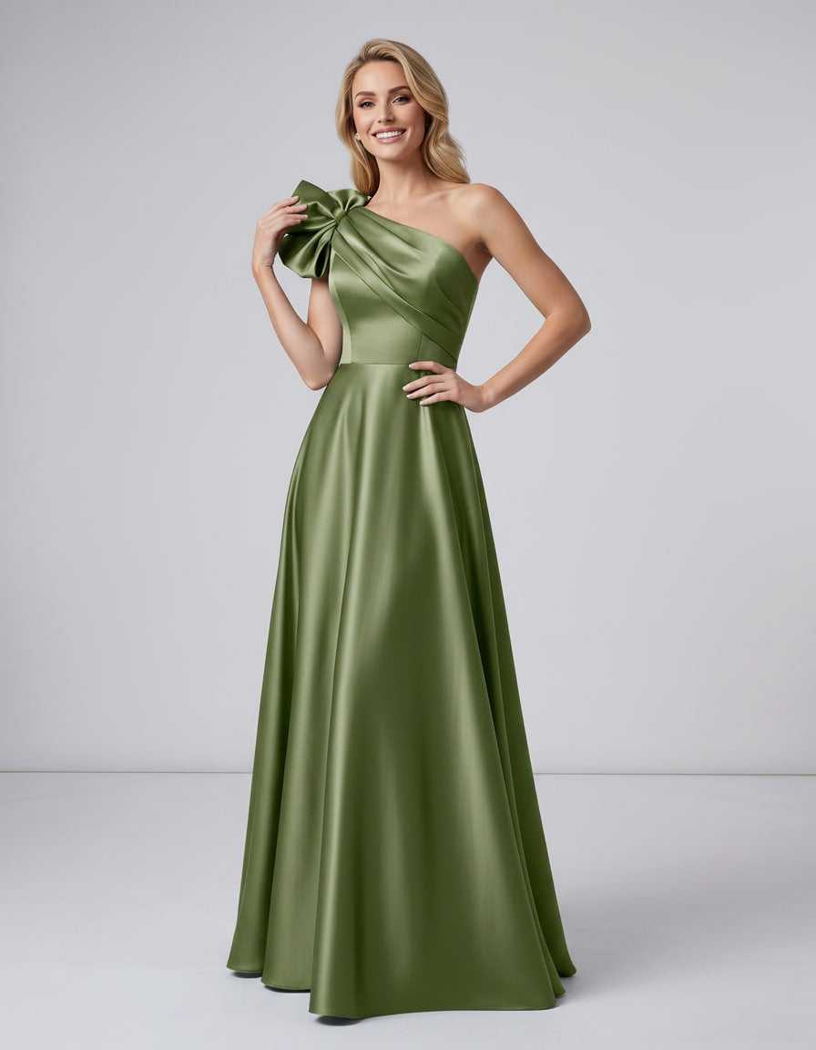 Aurevina Maxi Dress by Lauven — satin one shoulder A-line maxi dress with ruffle detail