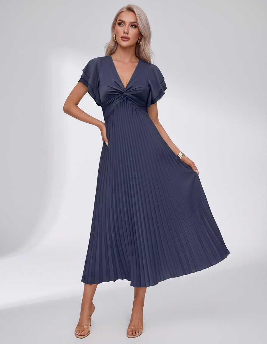 Veloura Midi Dress by Lauven — pleated chiffon flutter sleeve V-neck A-line midi dress