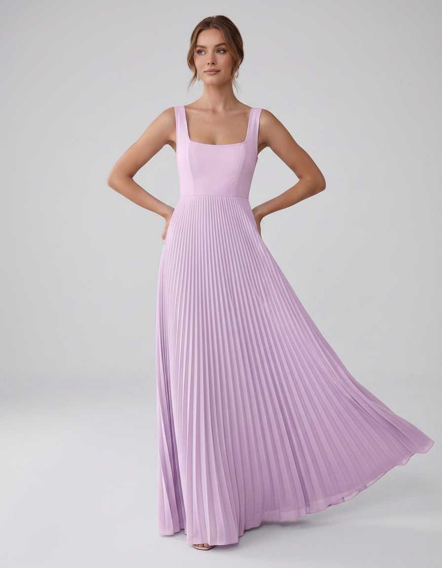 Veloura Maxi Dress by Lauven — satin chiffon sleeveless square neck pleated A-line maxi dress