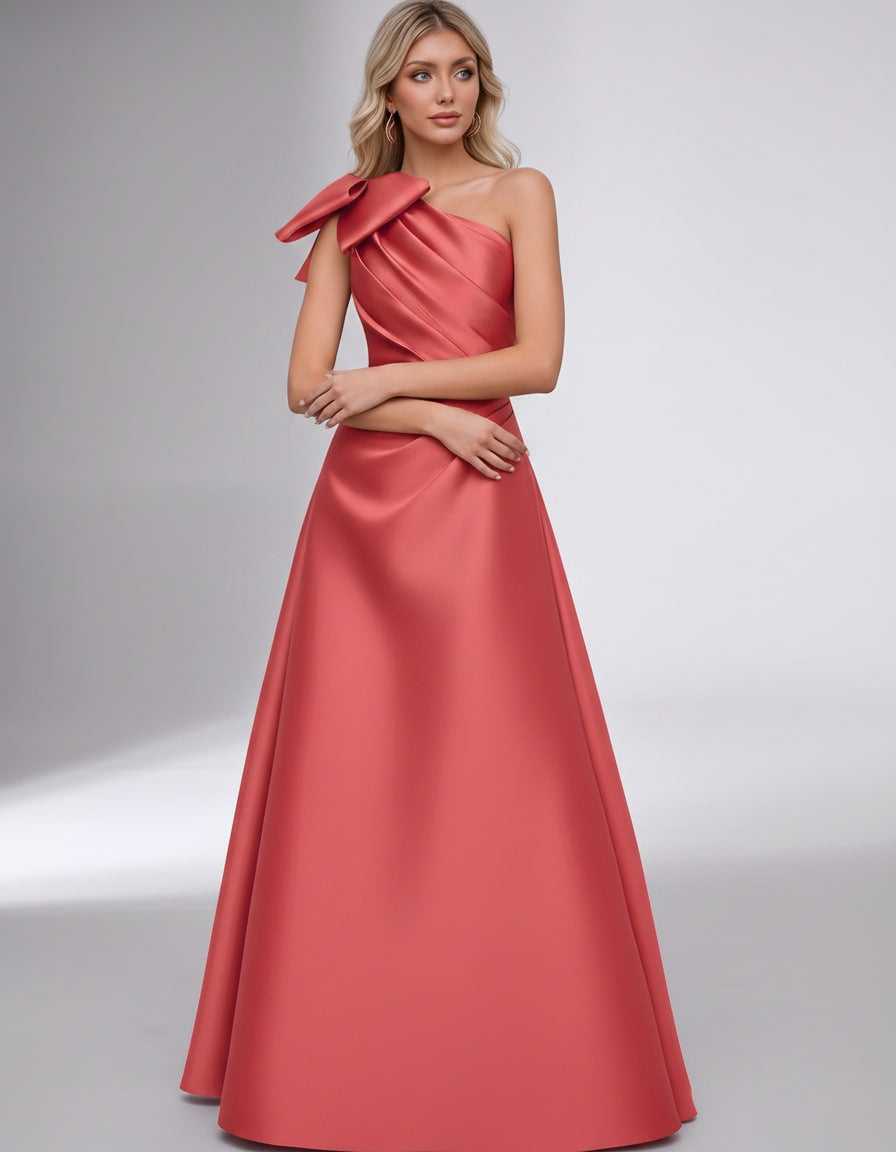 Celestia Maxi Dress by Lauven — satin one shoulder A-line maxi dress with bow
