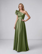 Aurevina Maxi Dress by Lauven — satin one shoulder A-line maxi dress with ruffle detail