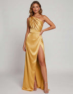 Veloura Maxi Dress by Lauven — satin one-shoulder mermaid maxi dress with slit