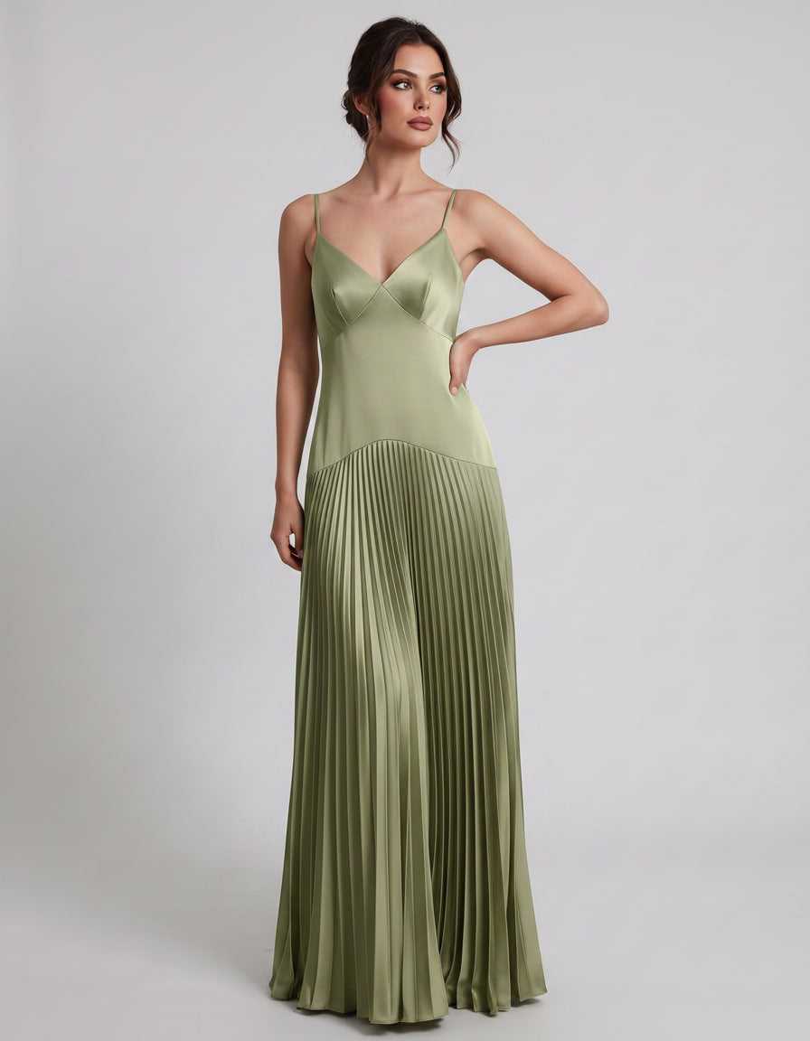 Veloura Maxi Dress by Lauven — satin spaghetti strap V-neck A-line maxi dress