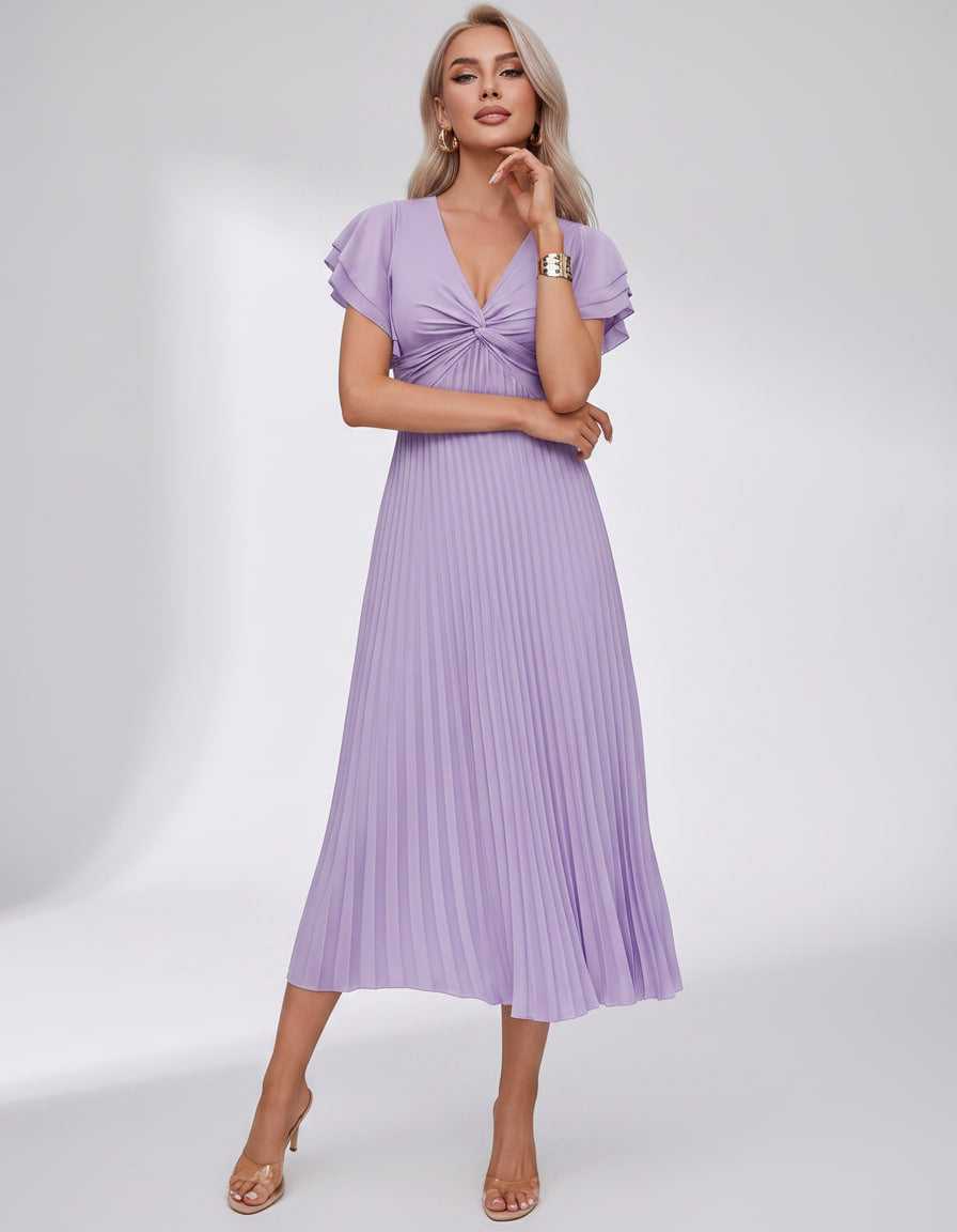 Veloura Midi Dress by Lauven — pleated chiffon flutter sleeve V-neck A-line midi dress