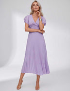Veloura Midi Dress by Lauven — pleated chiffon flutter sleeve V-neck A-line midi dress
