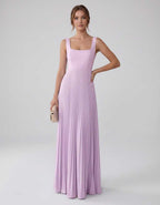 Veloura Maxi Dress by Lauven — satin chiffon sleeveless square neck pleated A-line maxi dress