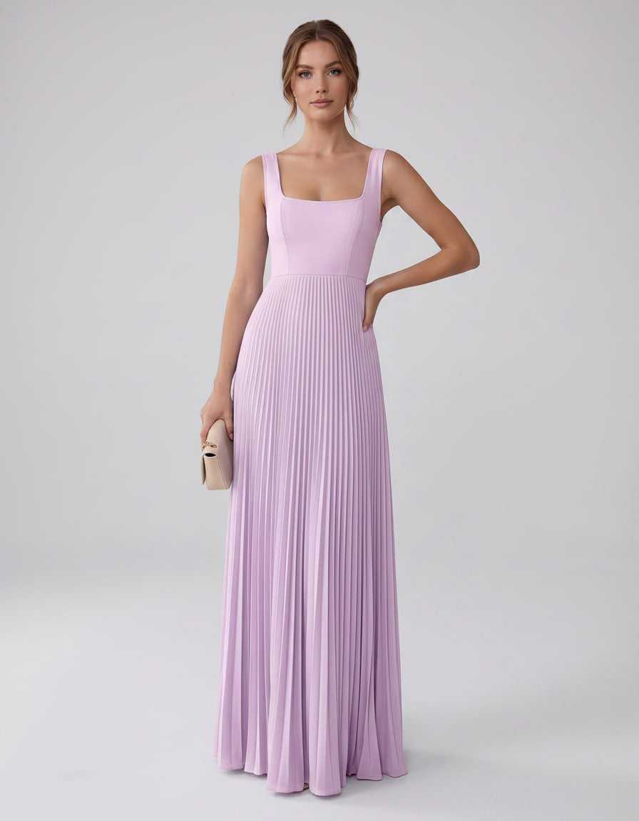 Veloura Maxi Dress by Lauven — satin chiffon sleeveless square neck pleated A-line maxi dress