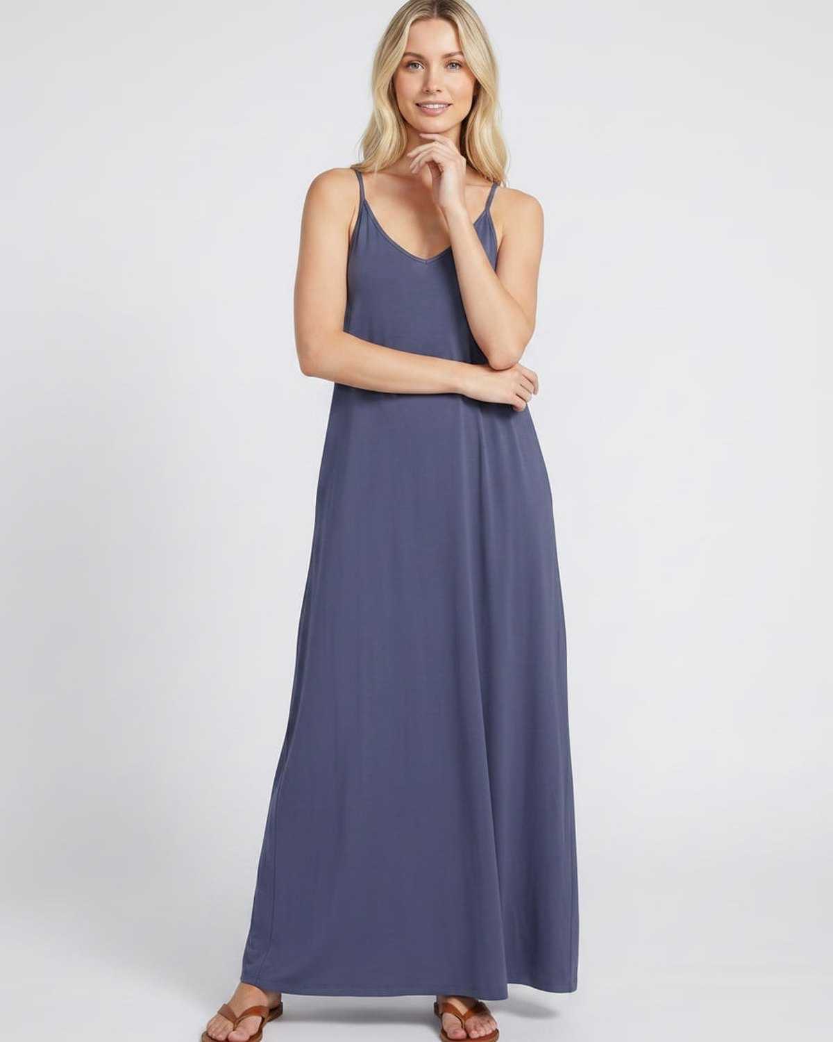 Solenne Maxi Dress by Lauven — soft stretch sleeveless V-neck relaxed A-line maxi dress