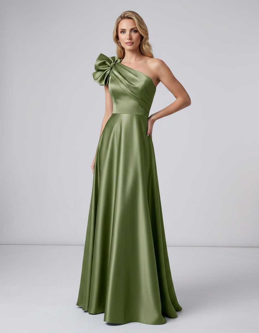Aurevina Maxi Dress by Lauven — satin one shoulder A-line maxi dress with ruffle detail