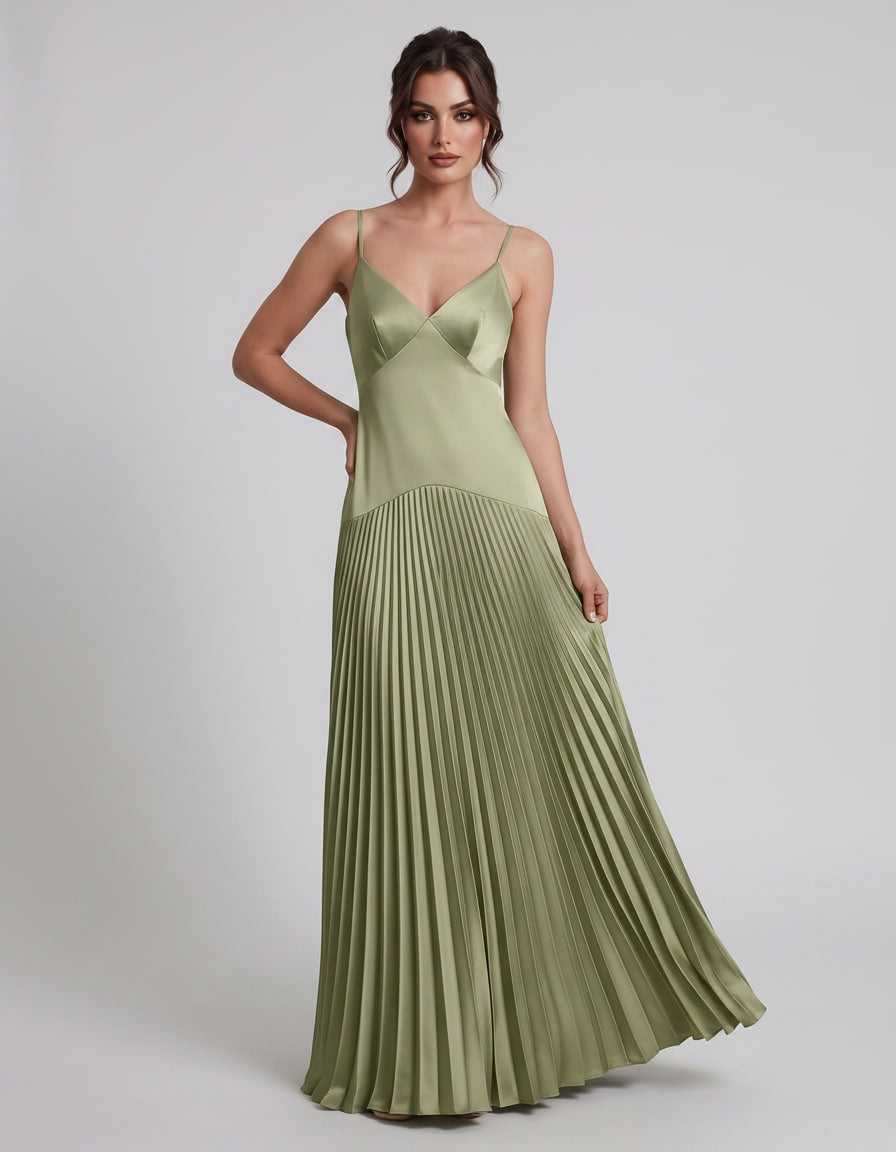 Veloura Maxi Dress by Lauven — satin spaghetti strap V-neck A-line maxi dress