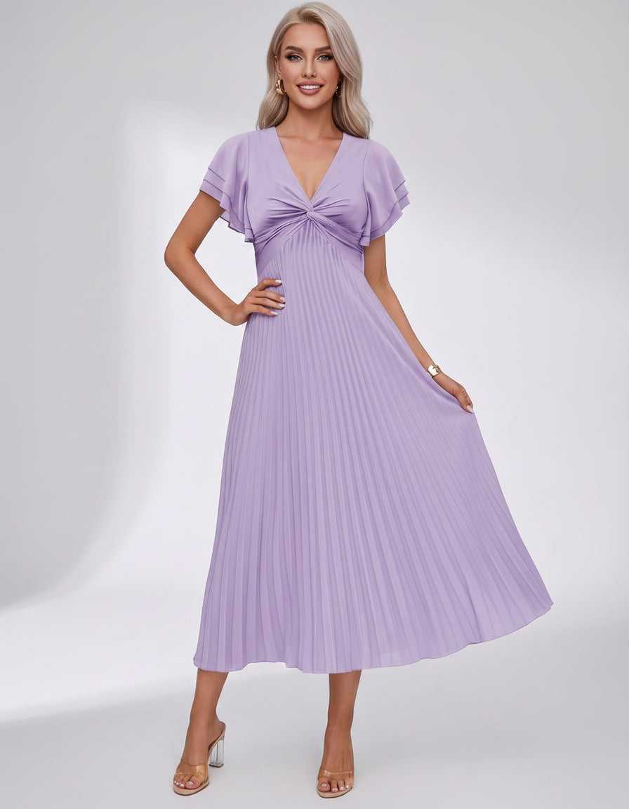Veloura Midi Dress by Lauven — pleated chiffon flutter sleeve V-neck A-line midi dress
