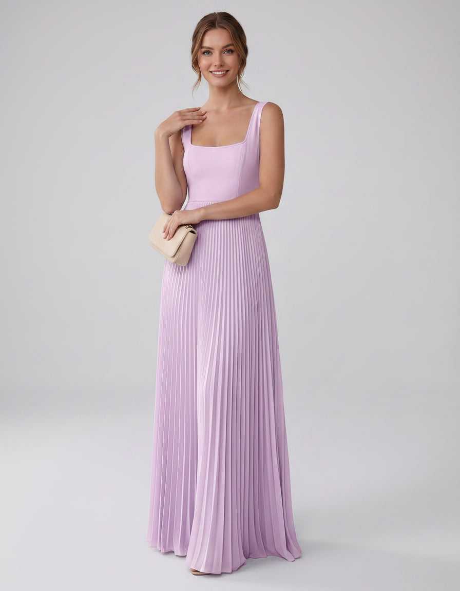 Veloura Maxi Dress by Lauven — satin chiffon sleeveless square neck pleated A-line maxi dress