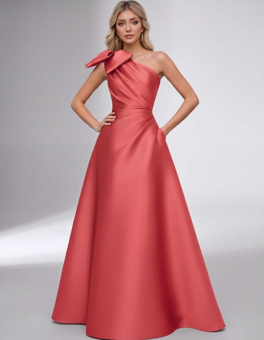Celestia Maxi Dress by Lauven — satin one shoulder A-line maxi dress with bow