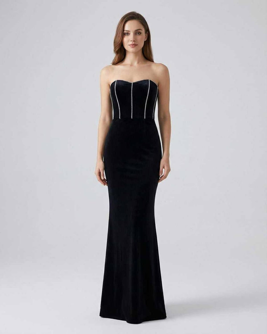 Celeste Maxi Dress by Lauven, strapless black velvet evening gown with trumpet silhouette and elegant fit.