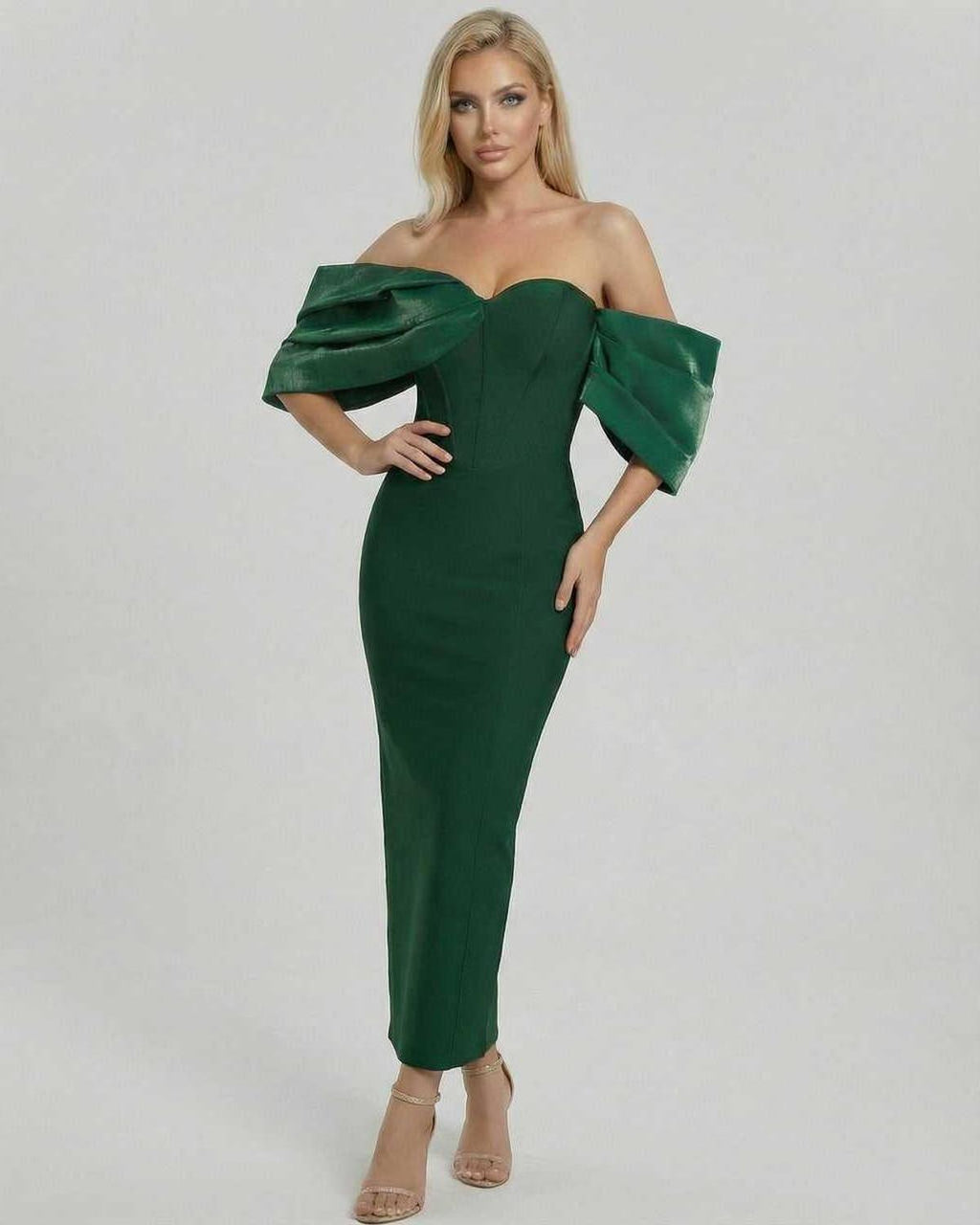 Verona Midi Dress by Lauven - Elegant green off the shoulder midi dress perfect for evening and cocktail events.