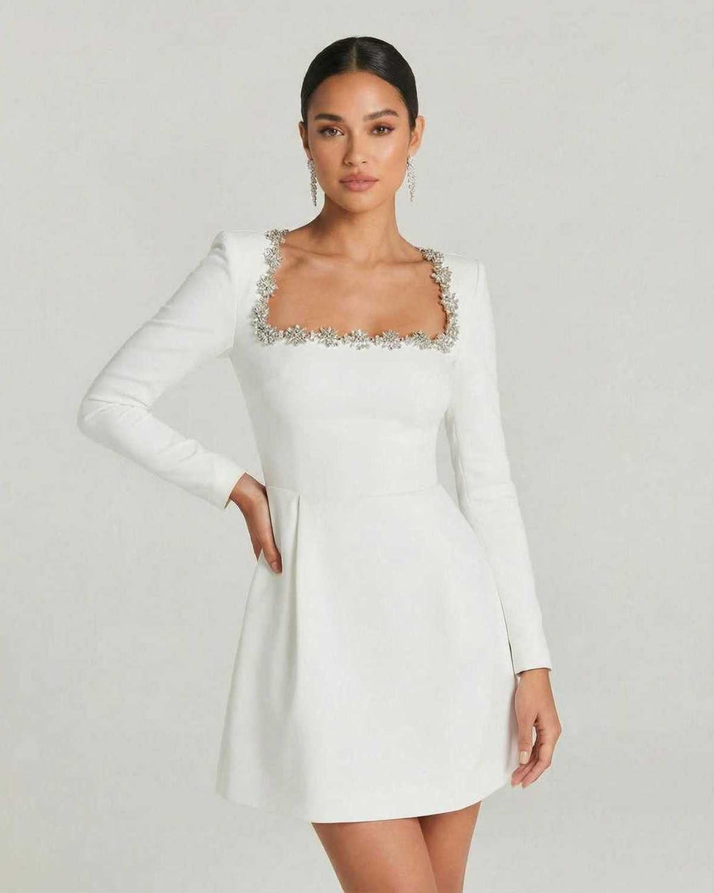 Model wearing Lauven Serena Mini Dress with elegant square collar and A-line silhouette.