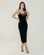 Celeste Midi Dress by Lauven - Elegant strapless black velvet dress with beaded detail, perfect for formal events.