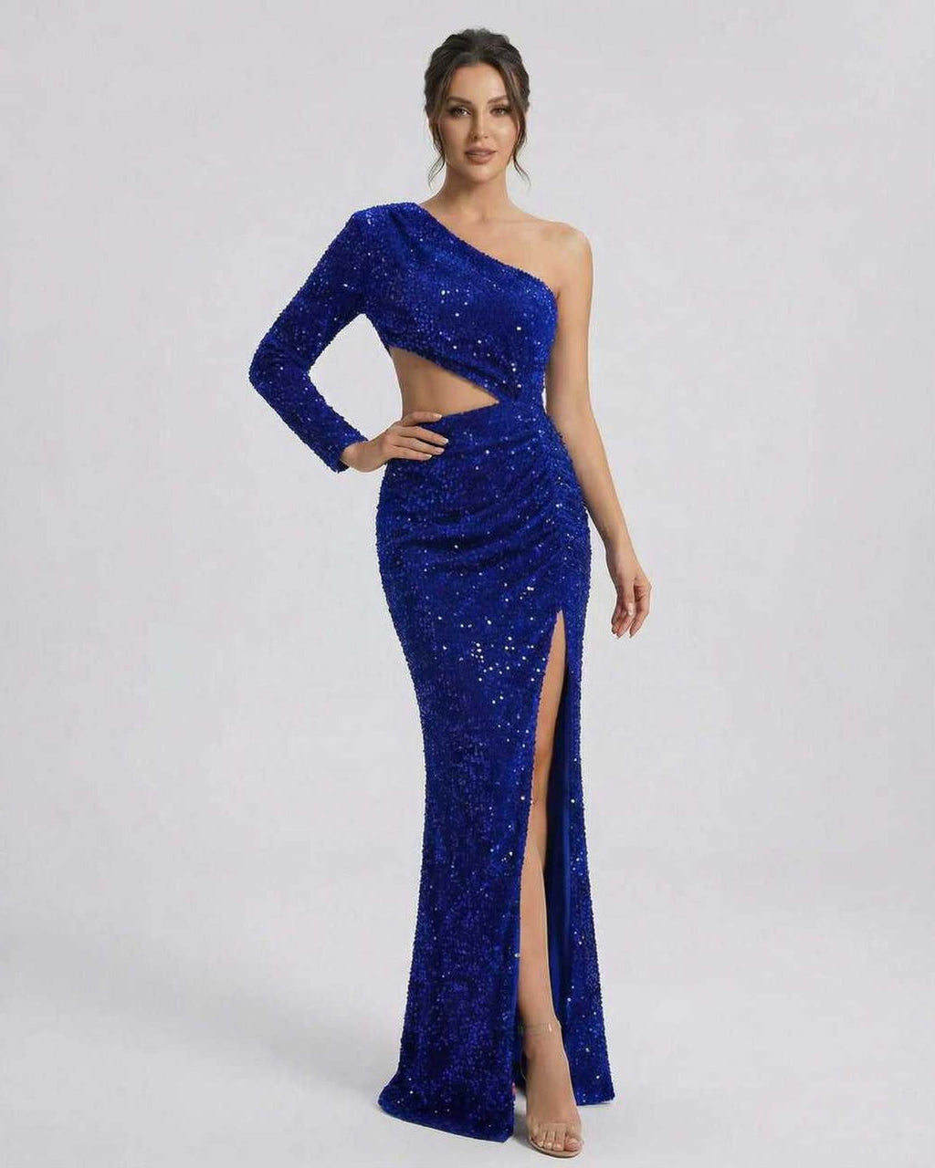 Celeste Maxi Dress by Lauven, luxurious blue velvet sequin one-shoulder gown with a stylish slit.