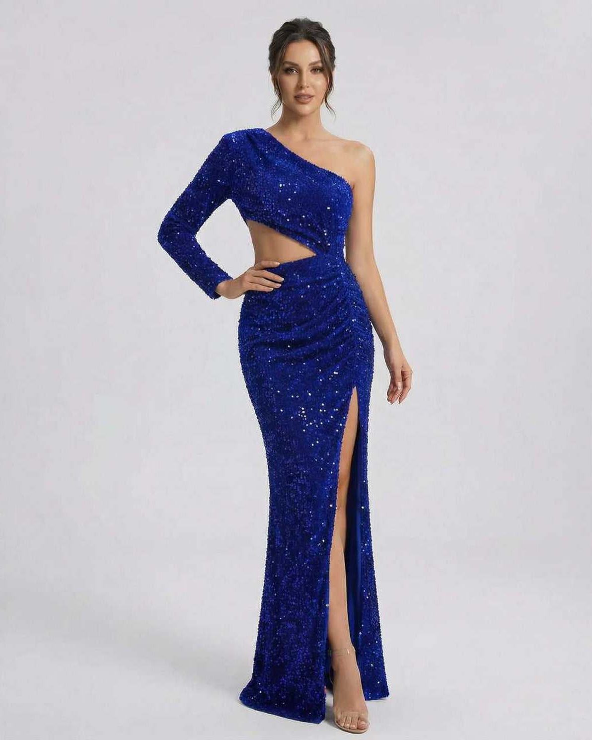 Celeste Maxi Dress by Lauven, luxurious blue velvet sequin one-shoulder gown with a stylish slit.