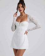 Noiré Mini Dress by Lauven — stretch long sleeve square neck fitted mini dress with lace sleeves