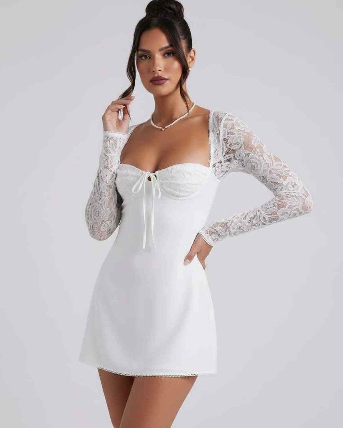 Noiré Mini Dress by Lauven — stretch long sleeve square neck fitted mini dress with lace sleeves