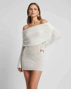 Elara Mini Dress by Lauven — textured knit long bell sleeve off-shoulder fitted mini dress