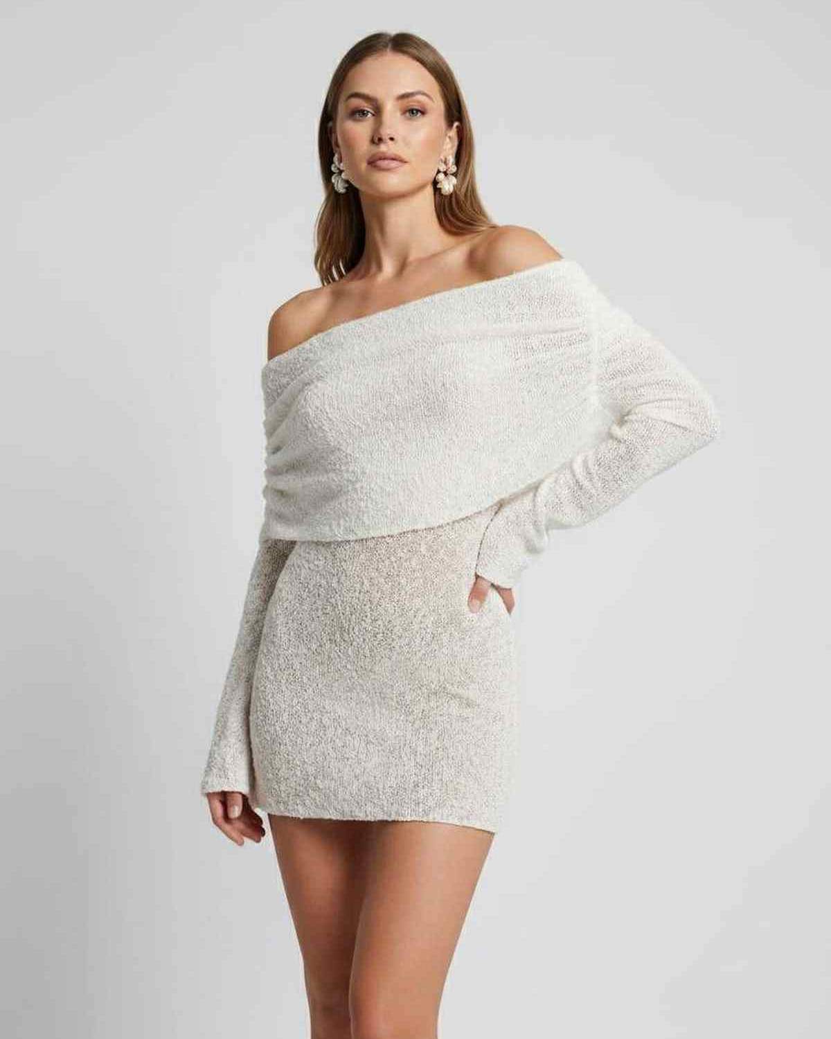 Elara Mini Dress by Lauven — textured knit long bell sleeve off-shoulder fitted mini dress