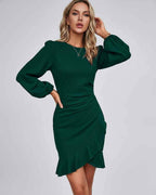 Virelle Mini Dress by Lauven — long sleeve round neck fitted mini dress with ruffle hem