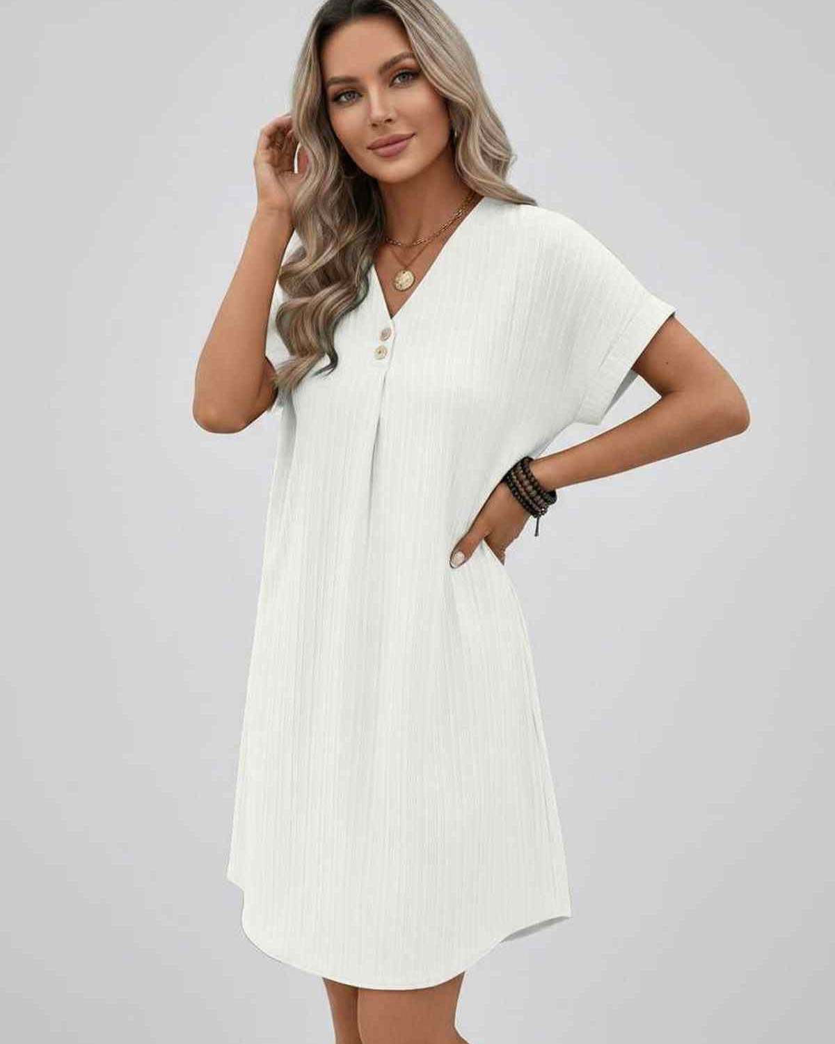 Lunelle Mini Dress by Lauven — textured short sleeve V-neck relaxed mini dress