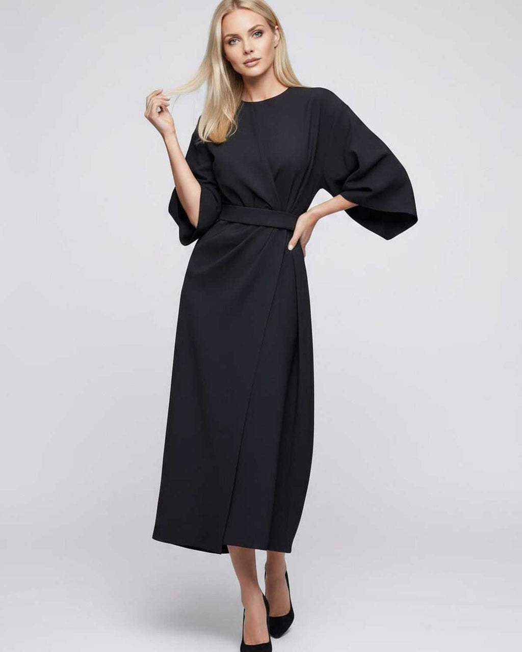 Celest Midi Dress by Lauven — breathable fabric lantern sleeve crew neck belted wrap midi dress