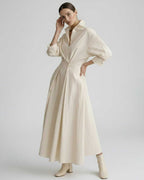 Aurelia Midi Dress by Lauven — breathable fabric long sleeve stand collar belted A-line midi dress