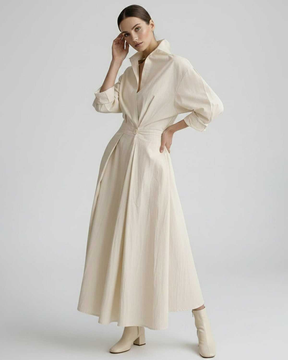 Aurelia Midi Dress by Lauven — breathable fabric long sleeve stand collar belted A-line midi dress