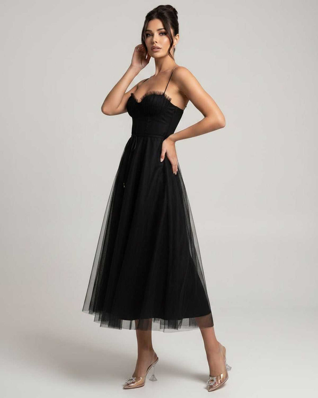 Elara Midi Dress by Lauven — tulle sleeveless sweetheart neck structured bodice midi dress