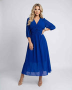 Veloura Midi Dress by Lauven — lightweight chiffon three quarter sleeve v neck A-line midi dress