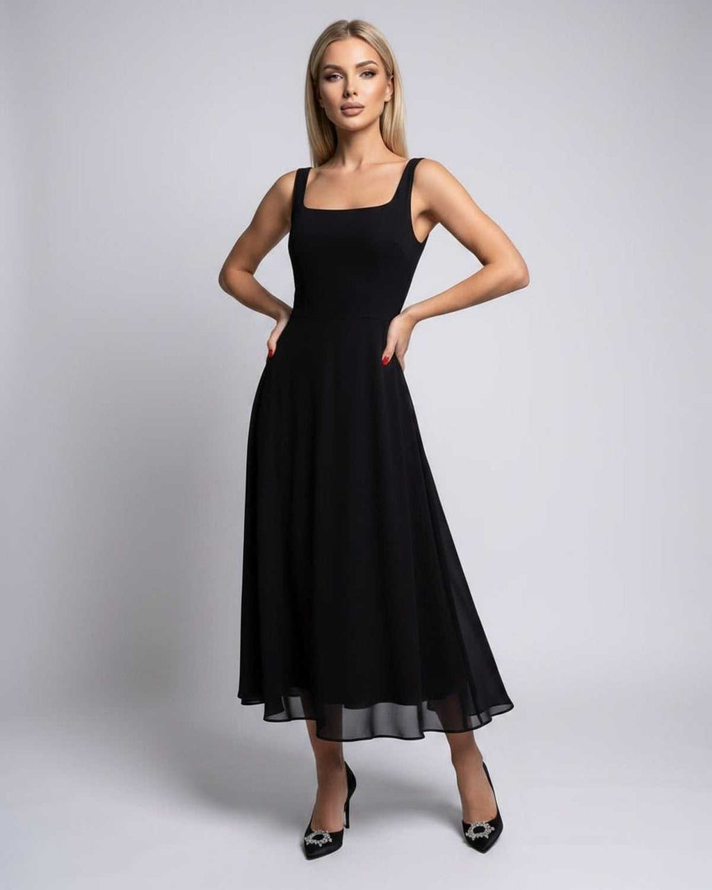 Lunara Midi Dress by Lauven — lightweight chiffon sleeveless square neck A-line midi dress
