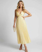 Lunara Midi Dress by Lauven — satin sleeveless V-neck flowing pleated midi dress