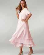 Aurelia Midi Dress by Lauven — lightweight short sleeve round neck layered midi dress
