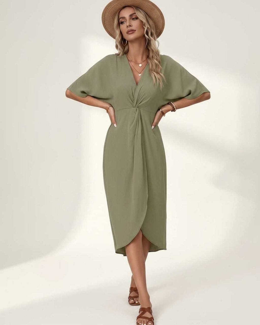 Elara Midi Dress by Lauven — premium short sleeve V-neck wrap style midi dress