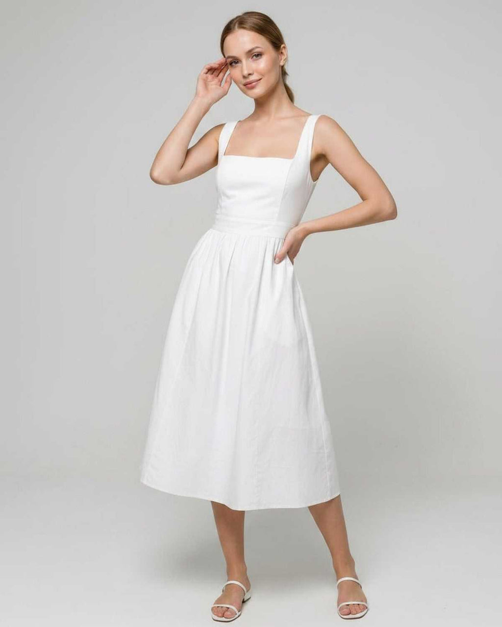 Aveline Midi Dress by Lauven — lightweight sleeveless square neck fit and flare midi dress