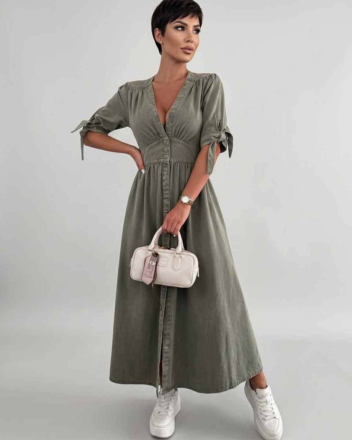 Eloria Midi Dress by Lauven — lightweight mid sleeve V-neck button front fit and flare midi dress