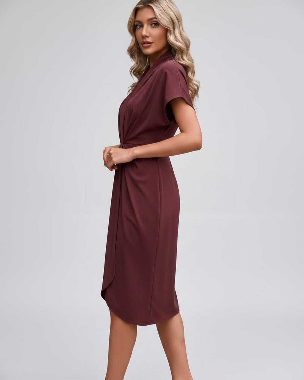 Veloura Midi Dress by Lauven — satin cap sleeve V-neck draped midi dress