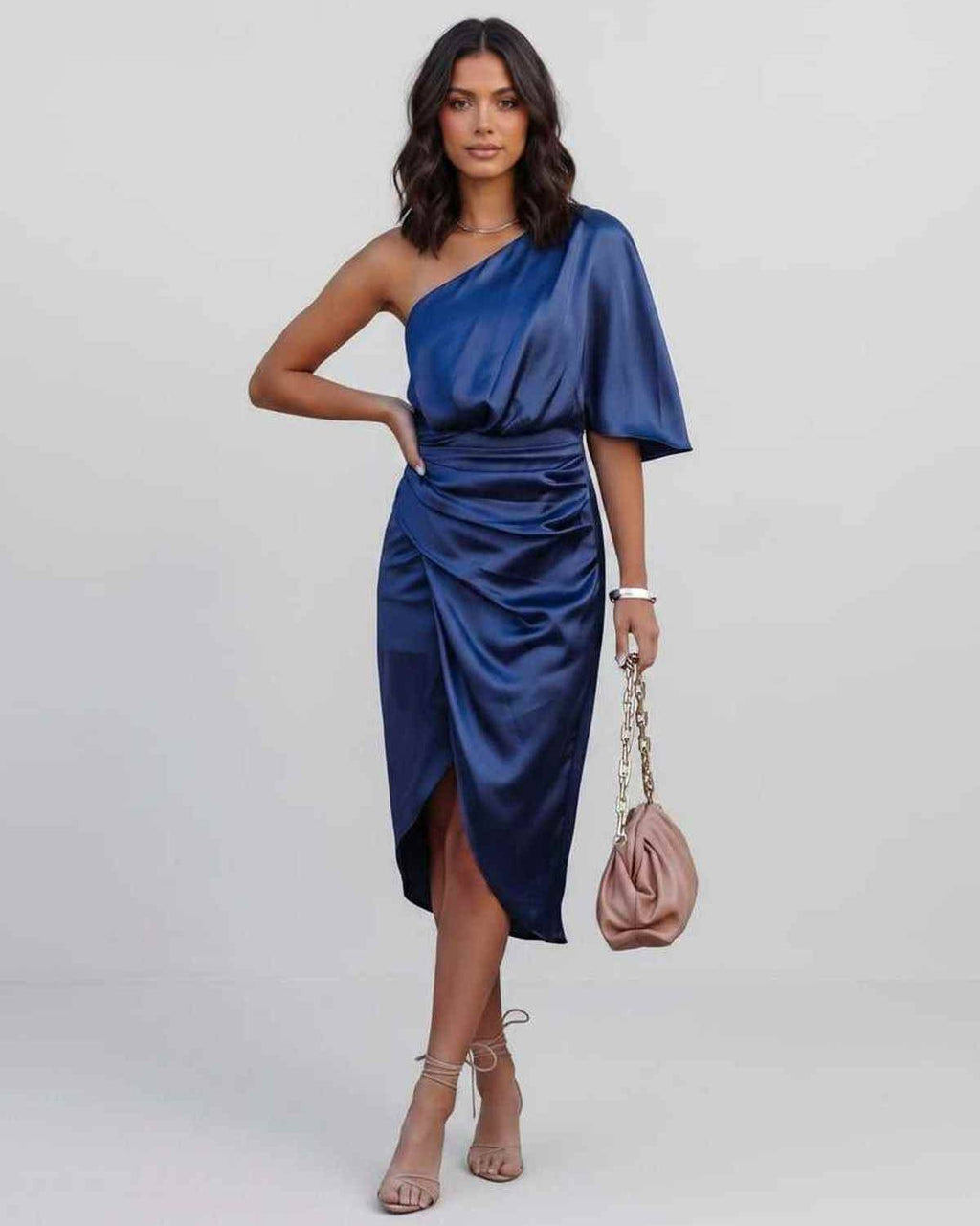 Veloura Midi Dress by Lauven — satin one shoulder draped midi dress with slit