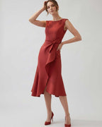 Serelune Midi Dress by Lauven — sleeveless satin midi dress with ruffle detail and fit flare silhouette