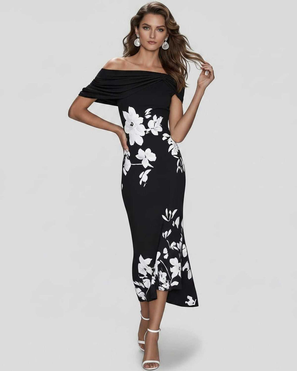 Veloura Midi Dress by Lauven — floral off shoulder satin midi dress with draped sleeves