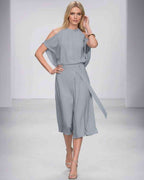 Seralyn Midi Dress by Lauven — halter sleeveless wrap midi dress with tie waist and front slit