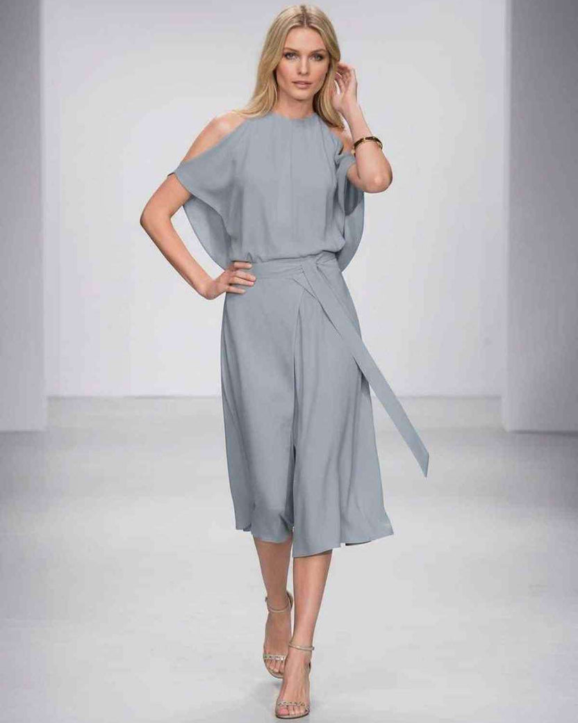 Seralyn Midi Dress by Lauven — halter sleeveless wrap midi dress with tie waist and front slit