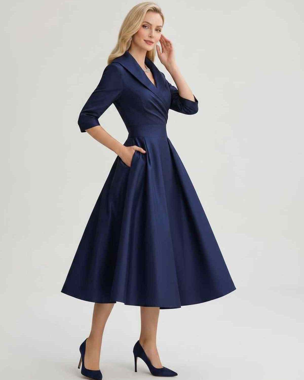 Serelune Midi Dress by Lauven — satin blend 3/4 sleeve V-neck A-line midi dress