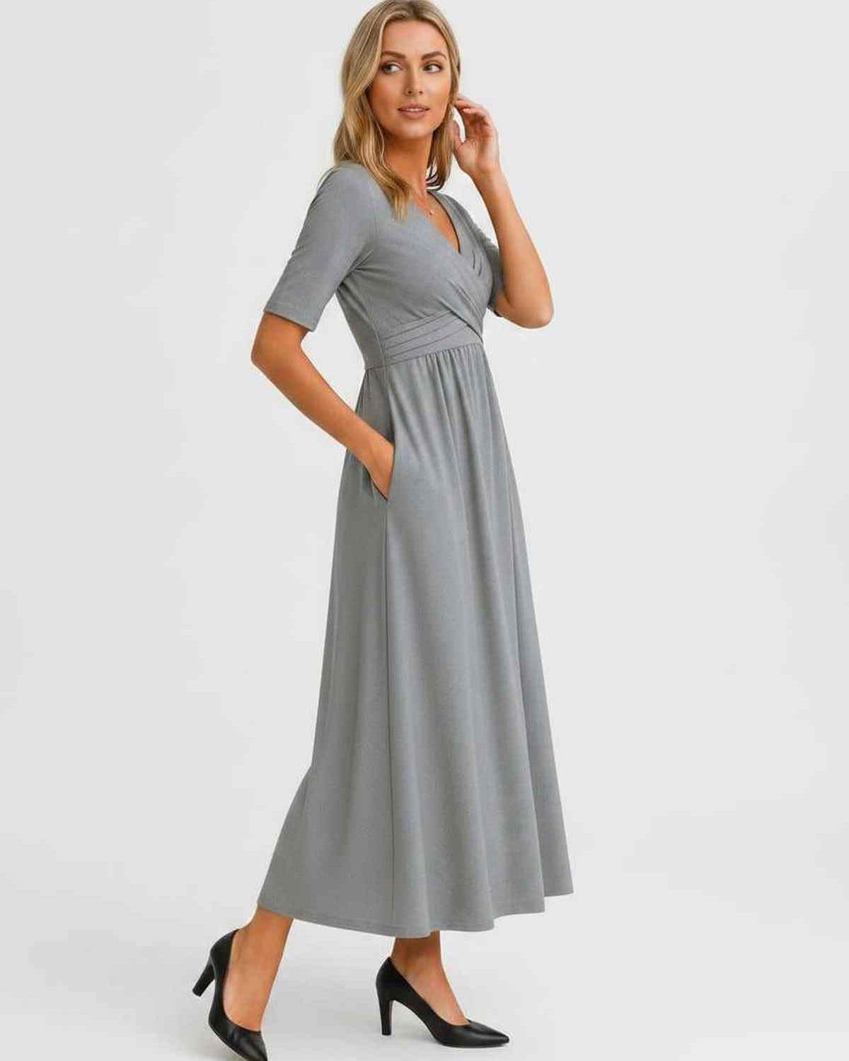 Velmira Midi Dress by Lauven — soft stretch short sleeve V-neck A-line midi dress