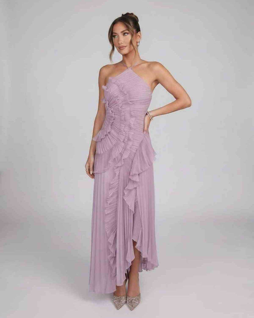 Valerise Maxi Dress by Lauven — chiffon sleeveless halter asymmetrical maxi dress